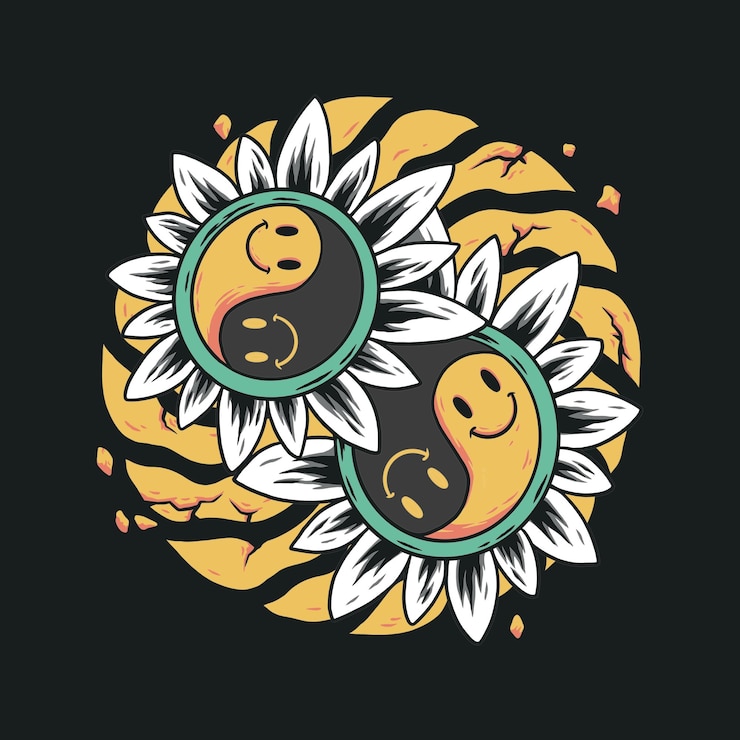 PSD logotipo de yin y yang con girasol para vector gráfico de diseño de camiseta