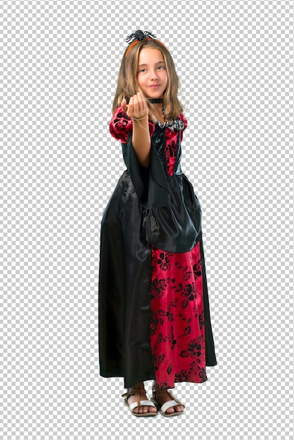 Loira criança vestida como um vampiro para as férias do dia das bruxas apresentando e convidando para vir