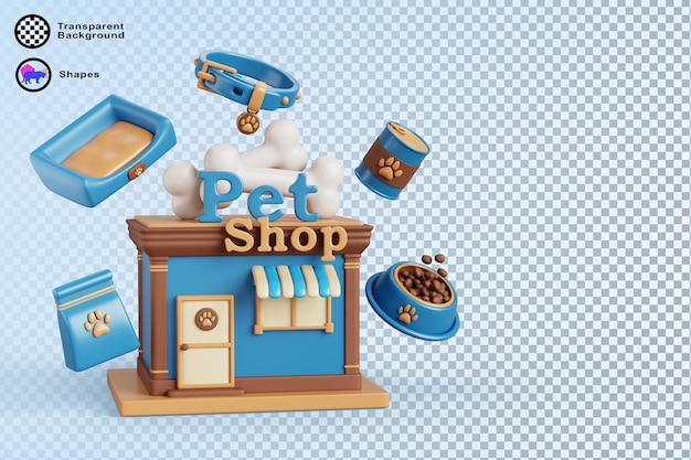 Loja de animais de estimação edifício 3d com comida e acessórios para gatos ou cães fundo de renderização de desenho animado loja de suprimentos de desconto de animais exterior com colarinho de cama de sono saco de alimentação lata e tigela banner publicitário
