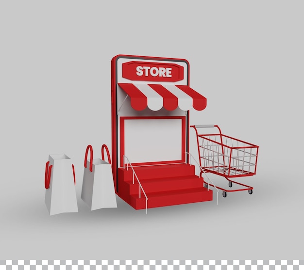 Loja de compras on-line com sacola de compras de carrinho de compras móvel em ilustração 3d de estilo realista