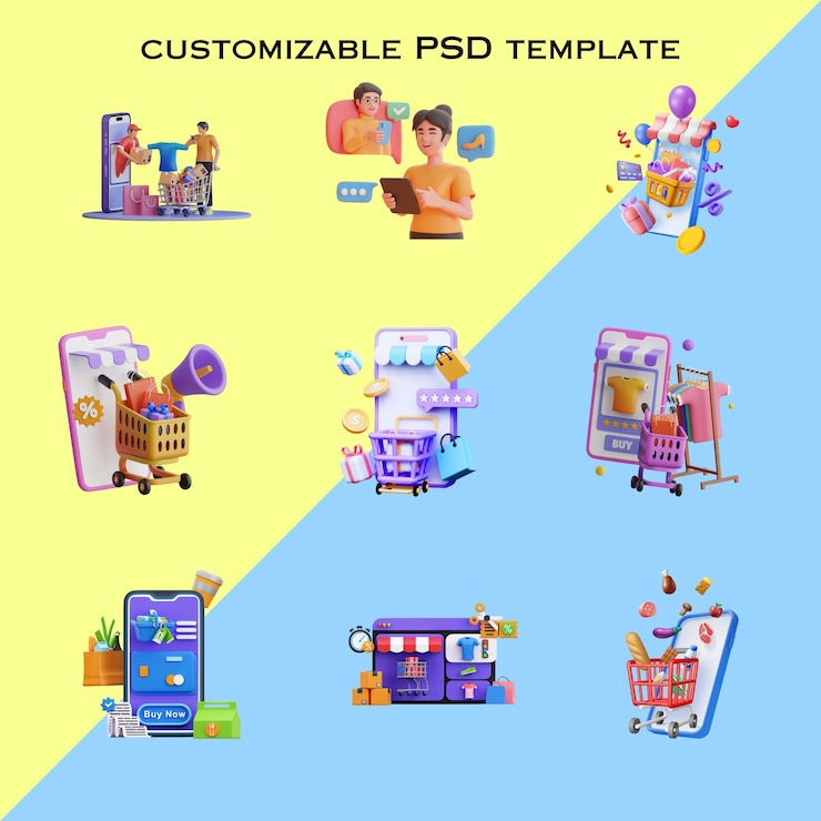 PSD loja on-line pacote de ilustrações 3d
