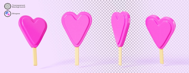 PSD lollipop o gelato a forma di cuore set di icone di rendering 3d caramelle d'amore rosa realistiche su bastone di legno per il giorno di san valentino o il matrimonio dolce dessert romantico isolato sullo sfondo