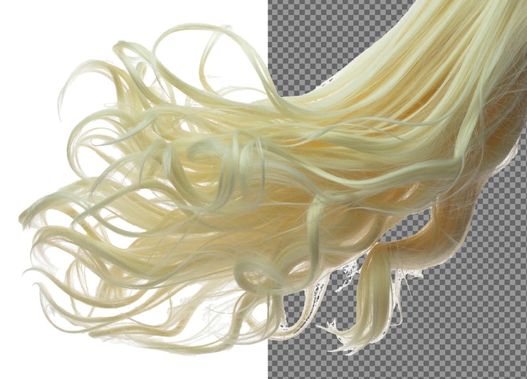 PSD long curl wig estilo de cabelo voar queda explosão onda loira mulher peruca cabelo flutuar no ar ouro loira peruca cabelo vento soprar nuvem lançar fundo branco parte isolada