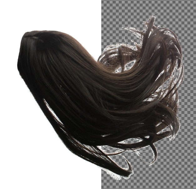 PSD long straight wig hair style fly fall explosion black woman wig wave hair float in mid air straight black curl wig hair wind blow cloud throw white background isolated high speed freeze motion