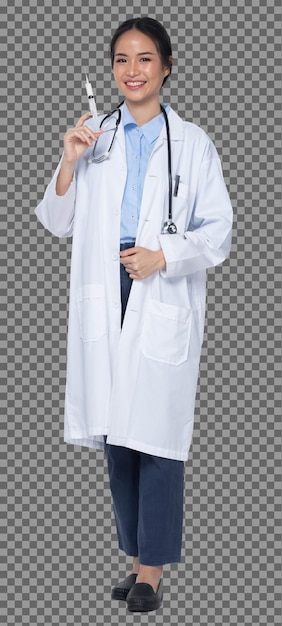 La longitud del cuerpo completo Figura snap de la mujer asiática de los años 20 usa pantalones de uniforme médico blanco, estetoscopio y zapatos, fondo blanco aislado, sonrisa de perfil