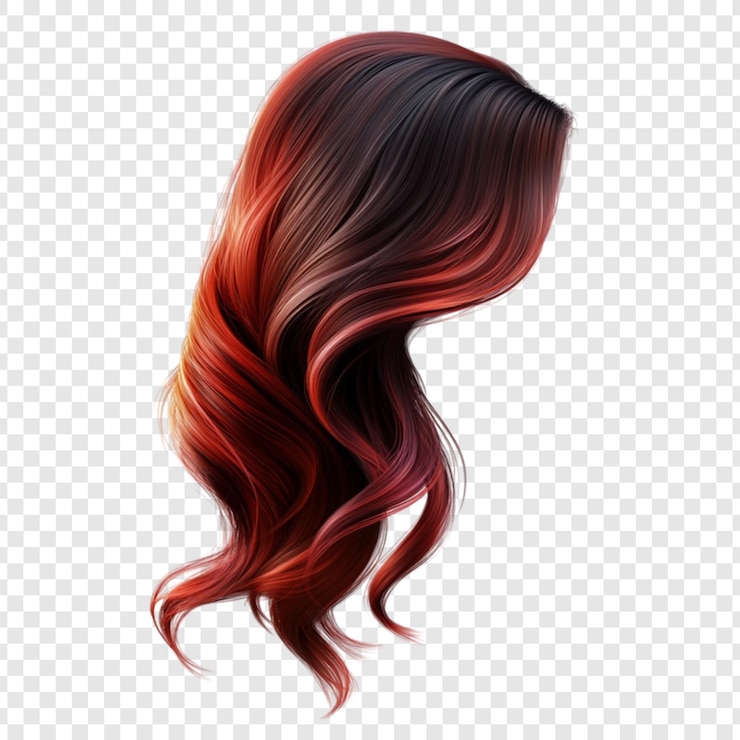 PSD longs cheveux bruns ondulés isolés sur un fond transparent style de cheveux ombre rouge brillant et brun foncé parfait pour les extensions de cheveux ou la publicité de perruques