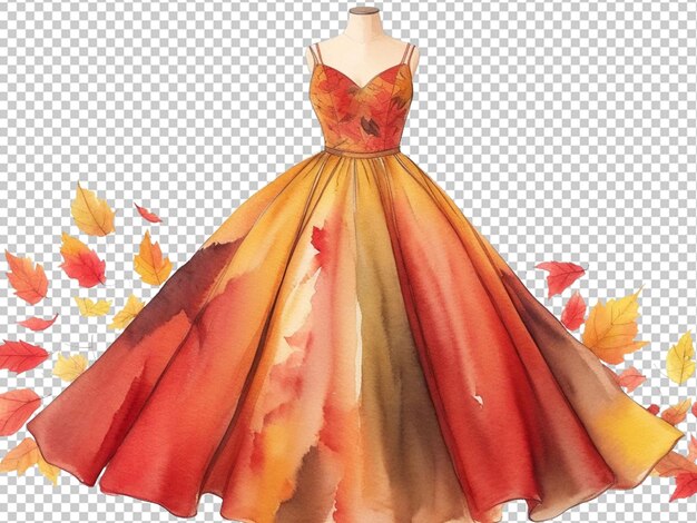 PSD longue robe de soirée faite feuilles d'automne illustration à l'aquarelle de la mode et des vêtements concept d'automne