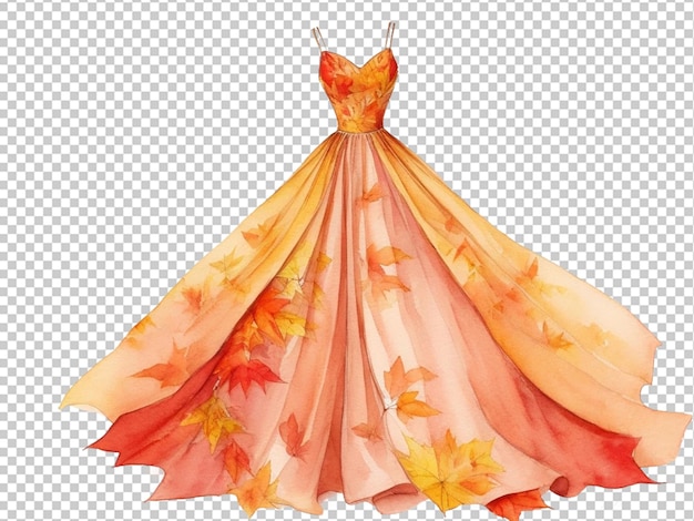 PSD longue robe de soirée faite feuilles d'automne illustration à l'aquarelle de la mode et des vêtements concept d'automne