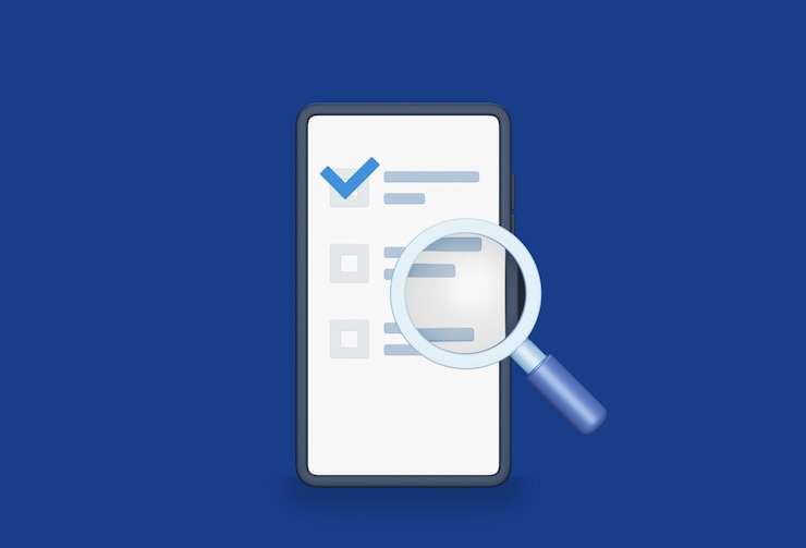 PSD looking into a smartphone with a magnifying glass 3d