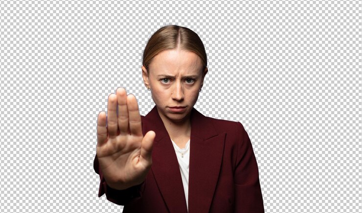 PSD looking serious stern displeased and angry showing open palm making stop gesture