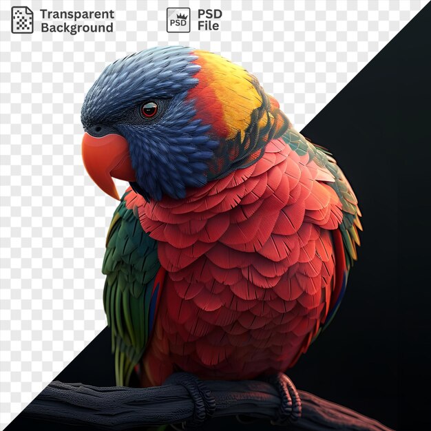 PSD le lorikeet de dessin animé 3d se nourrit du nectar d'une branche montrant sa tête bleue vibrante, son bec orange et ses yeux rouges et noirs frappants tandis que son aile verte vibrante ajoute un pop