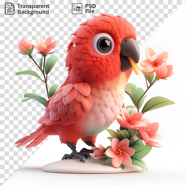 PSD lorikeet de dibujos animados en 3d se alimenta de néctar de una flor rosada en medio de hojas y tallos verdes con su pico negro y pie gris visibles