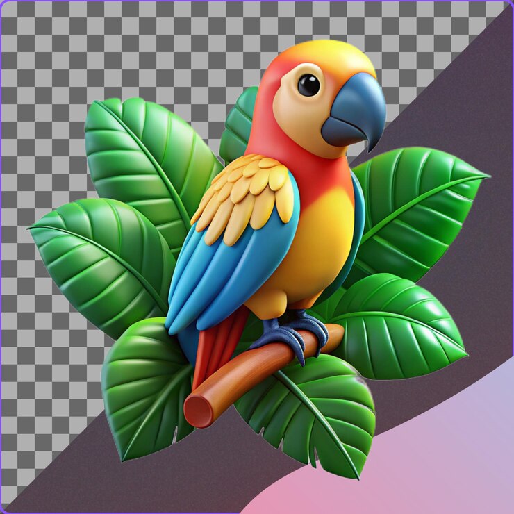 PSD loro en 3d en una rama con hojas
