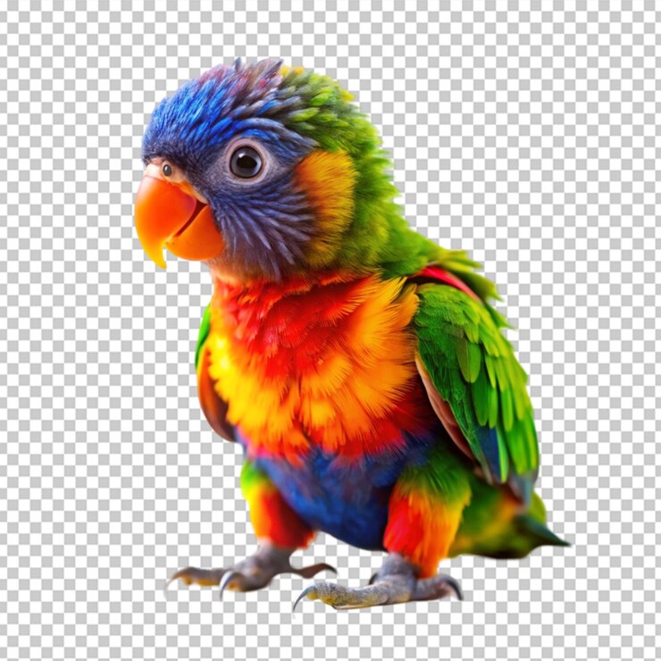 PSD un loro bebé con plumas coloridas y un juguetón aislado en fondo blanco