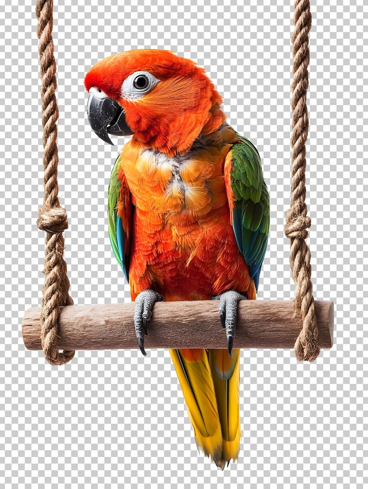 PSD un loro de colores en un columpio mostrando sus vibrantes plumas