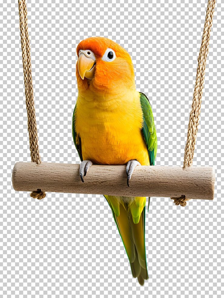 PSD loro colorido descansando en un columpio en el interior durante las horas de luz del día aislado en un fondo transparente