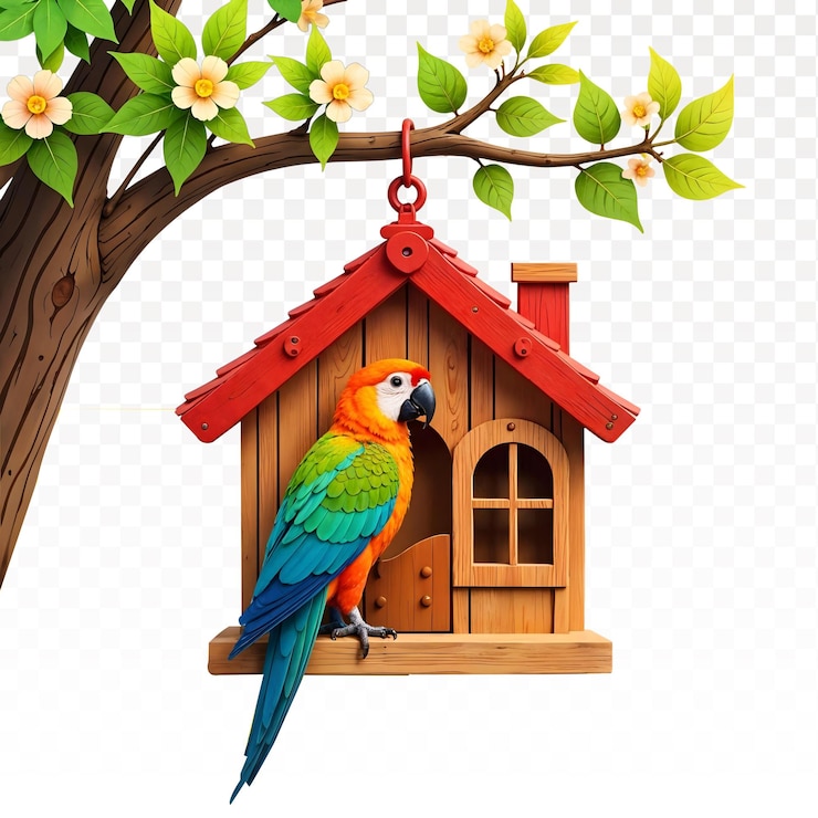 PSD un loro colorido se sienta en una casa de pájaros sobre un fondo blanco