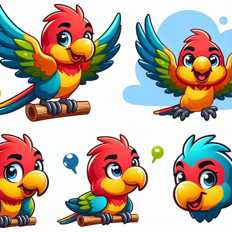 PSD el loro de dibujos animados vibrante con expresiones alegres, poses lúdicas con las alas extendidas