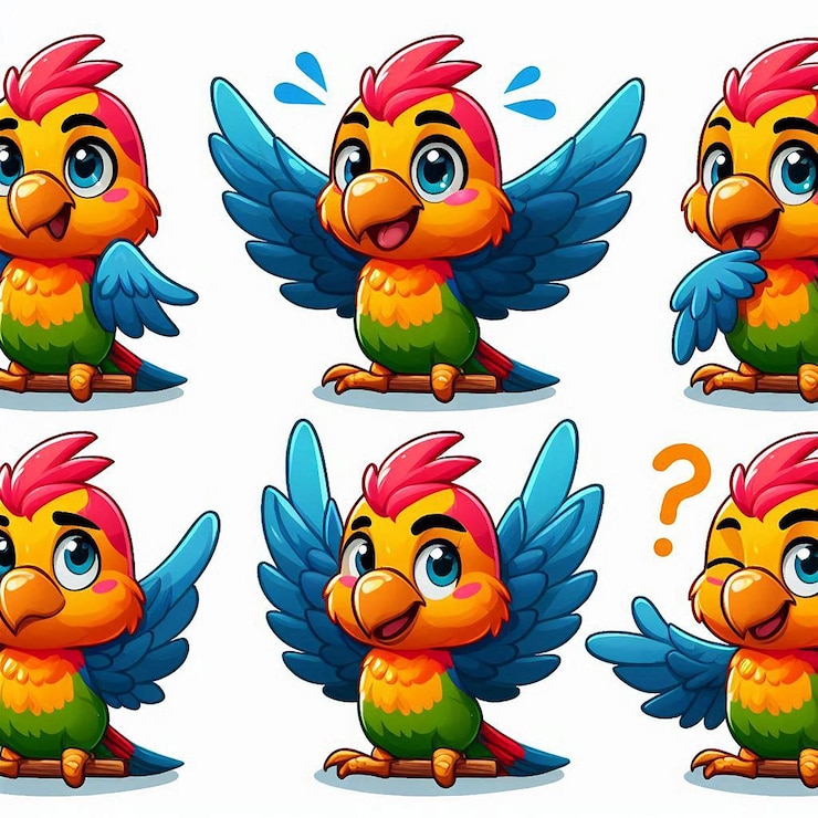 PSD el loro de dibujos animados vibrante con expresiones alegres, poses lúdicas con las alas extendidas