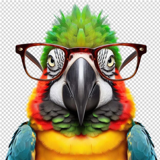 PSD un loro con gafas en la cabeza y un pico que dice loro