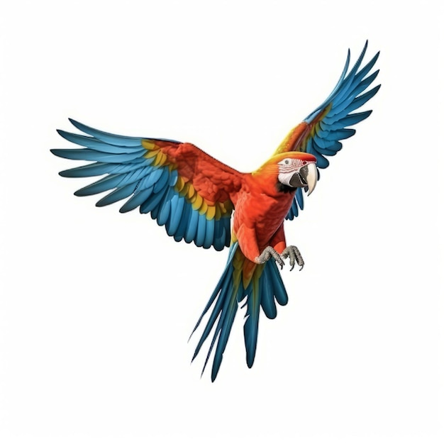 PSD loro guacamaya roja volando aislado sobre fondo blanco.