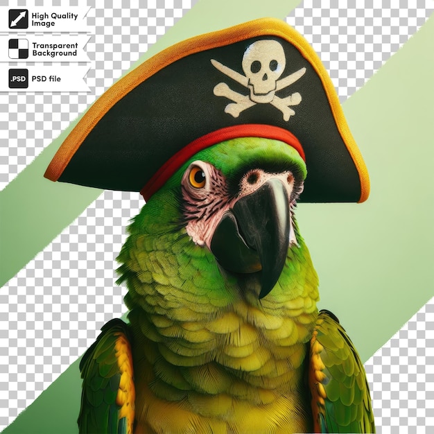 Loro psd 3d con sombrero de pirata en fondo transparente