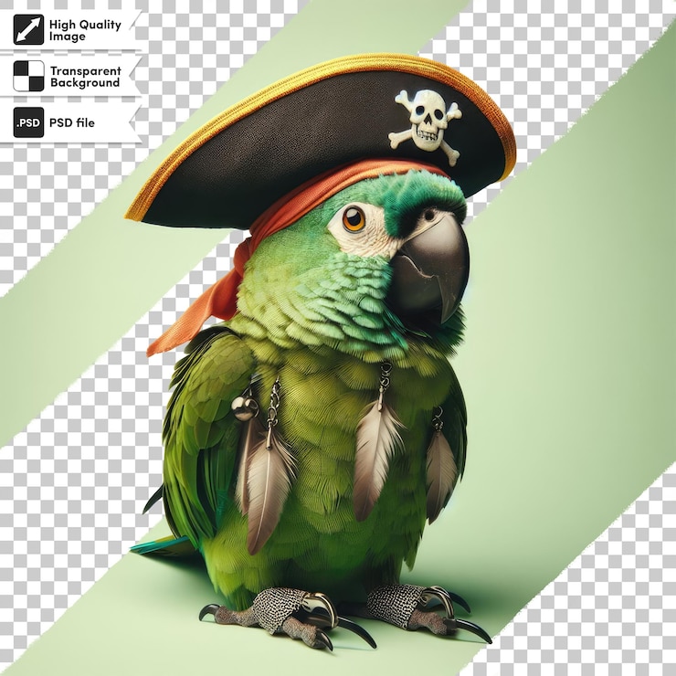 PSD loro psd 3d con sombrero de pirata en fondo transparente