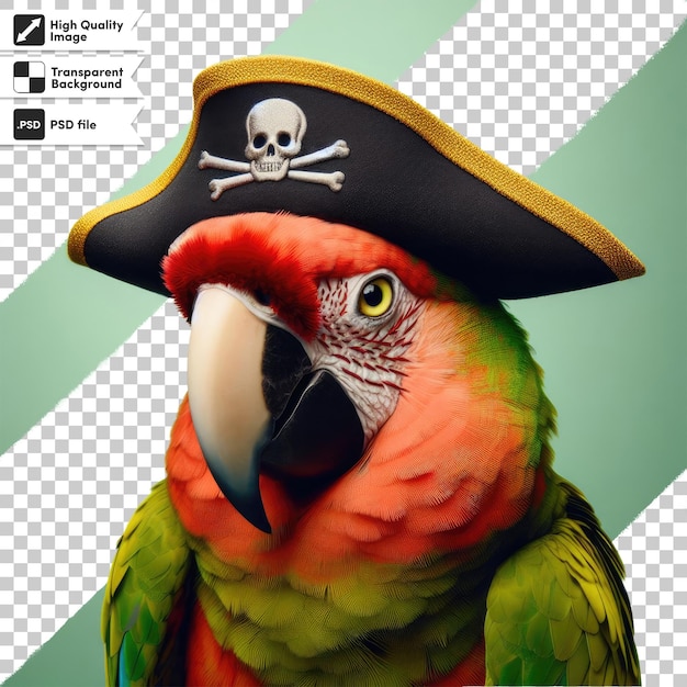 Loro psd 3d con sombrero de pirata en fondo transparente