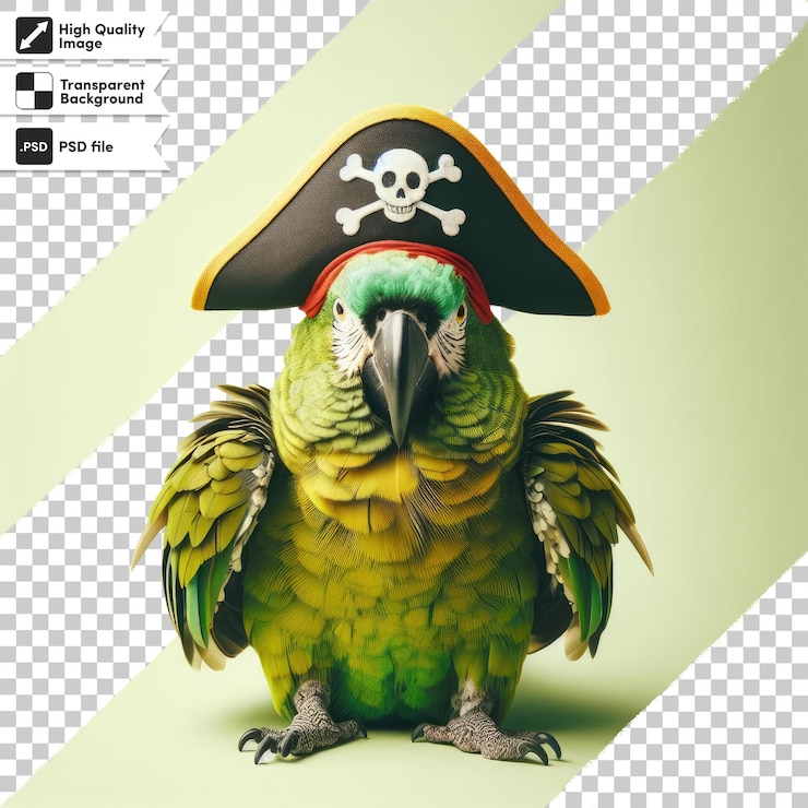 PSD loro psd 3d con sombrero de pirata en fondo transparente