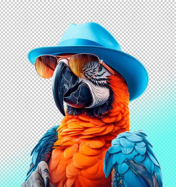 Loro PSD con sombrero azul de verano y gafas de sol