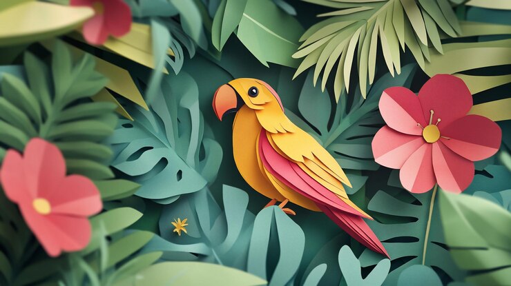 PSD un loro vibrante en medio de un exuberante follaje tropical cortado en papel