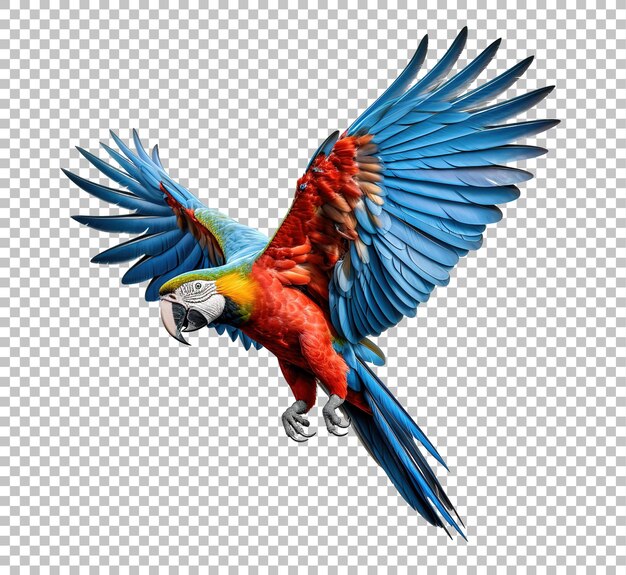 PSD el loro volador colorido aislado en fondo blanco el loro macaw escarlata volando aislado en blanco.