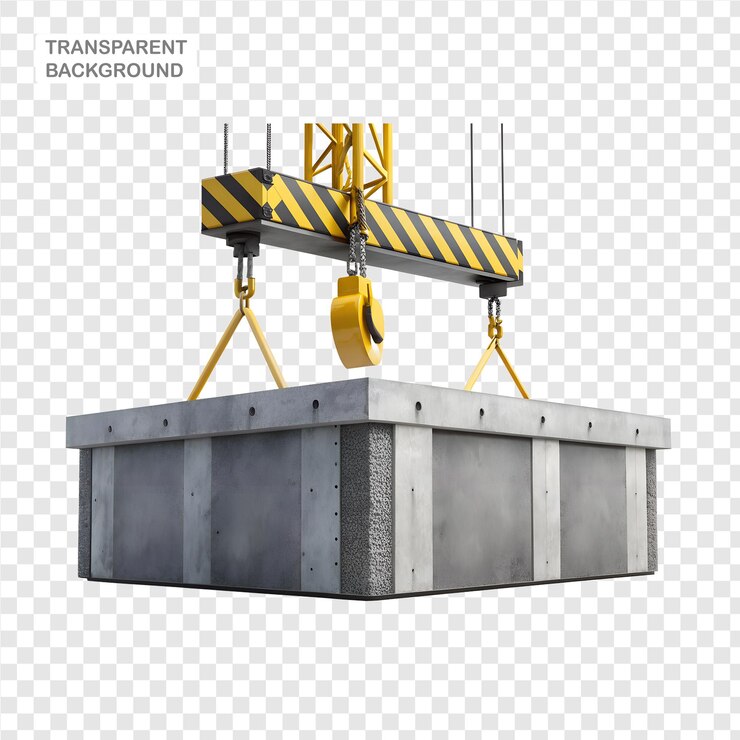 PSD la losa de hormigón abstracta suspendida de un bloque de gancho de la torre de construcción en negro y amarillo