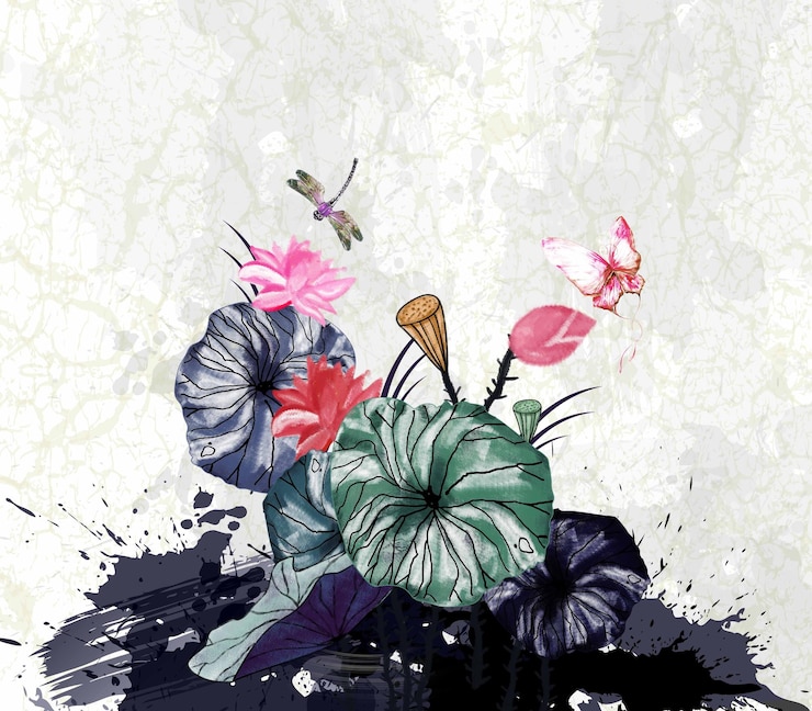 PSD lotus paints with watercolor along with frogs