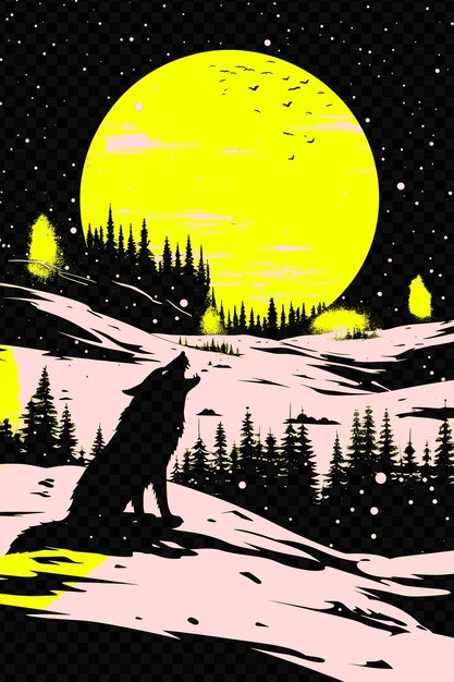 PSD loup hurlant à la lune avec un paysage enneigé poster design psd art design concept poster banner