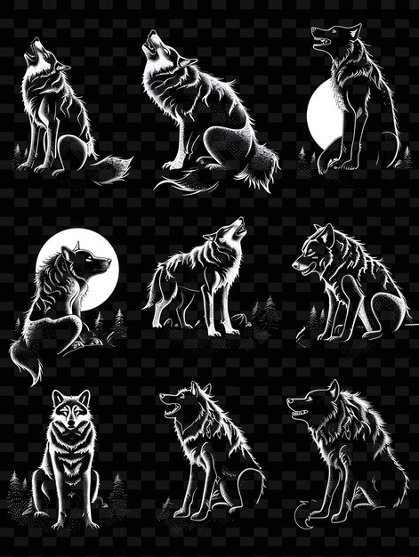 PSD un loup et un loup sur un fond noir avec la lune et la lune