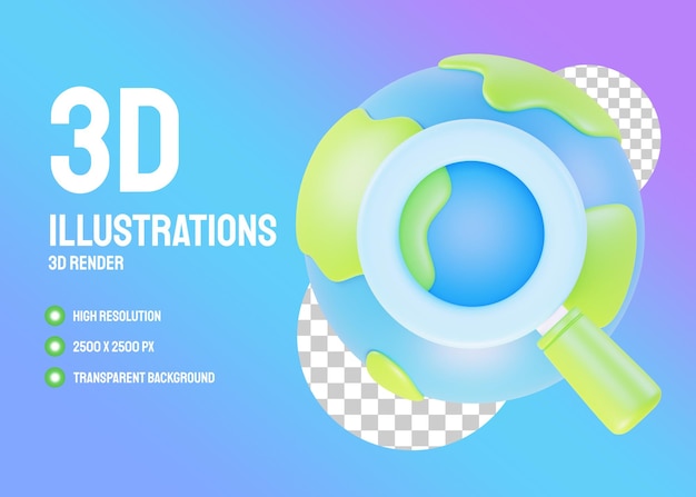 PSD loupe avec globe 3d illustrations