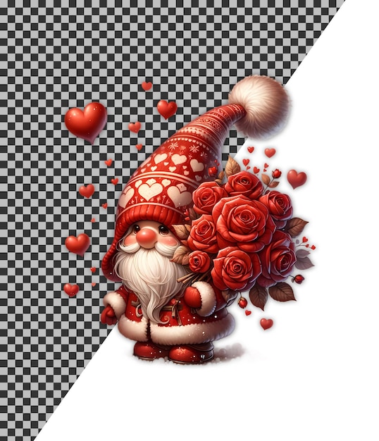 PSD love gnome portant du rouge tenant des fleurs clipart sublimation design illustration