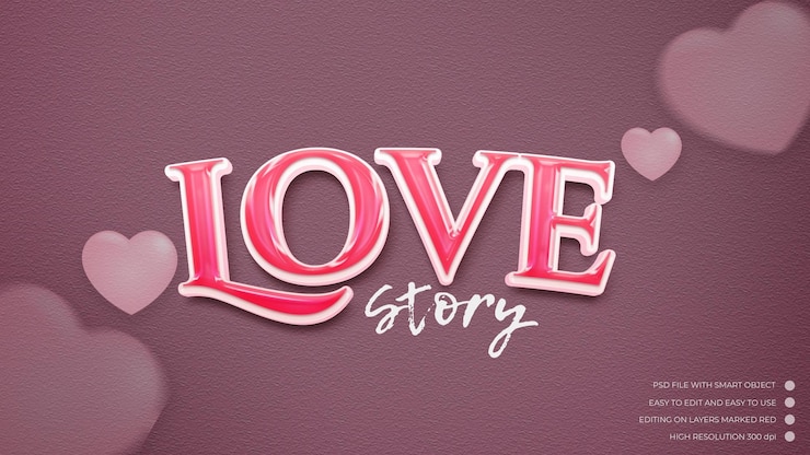 PSD love story with pink theme on 3d text effect editable text style
