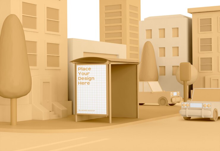 Low Poly Street con maqueta de publicidad de parada de autobús