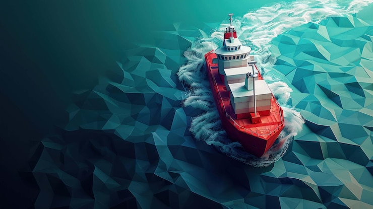 PSD lowpoly-rotes frachtschiff segelt auf blauem wasser und hinterlässt eine weiße spur