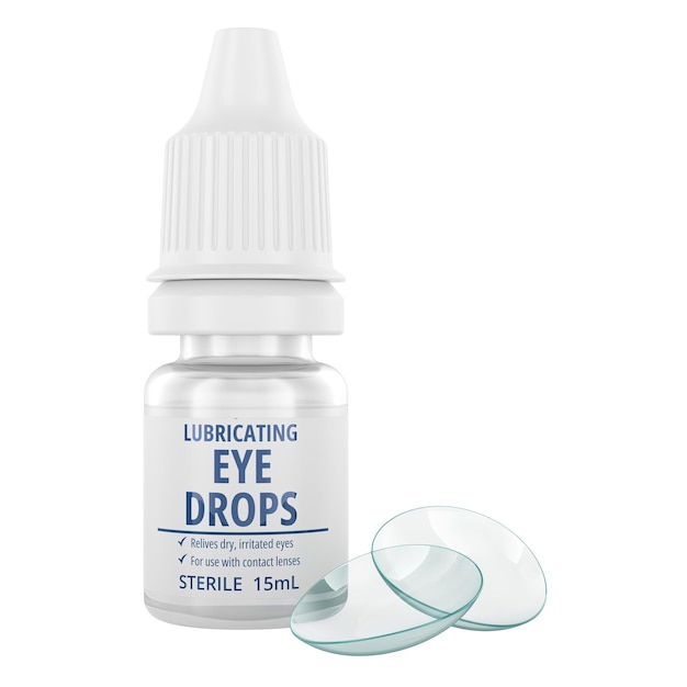 Lubricating eye drops with contact lenses 3D rendering isolated on transparent background