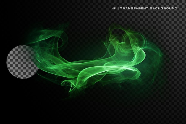 Luce magica astratta del fumo verde su sfondo trasparente