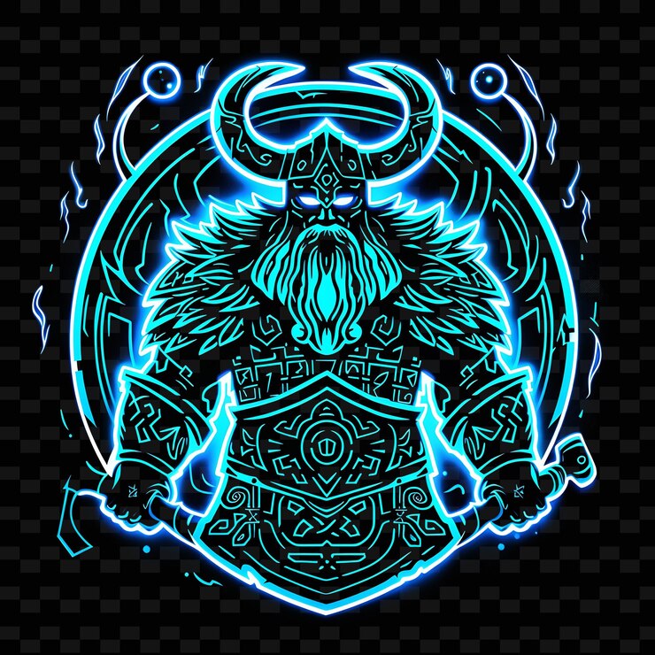 PSD luces brillantes de un vikingo con un hacha y un escudo con ne png diseños artísticos creativos de línea de neón