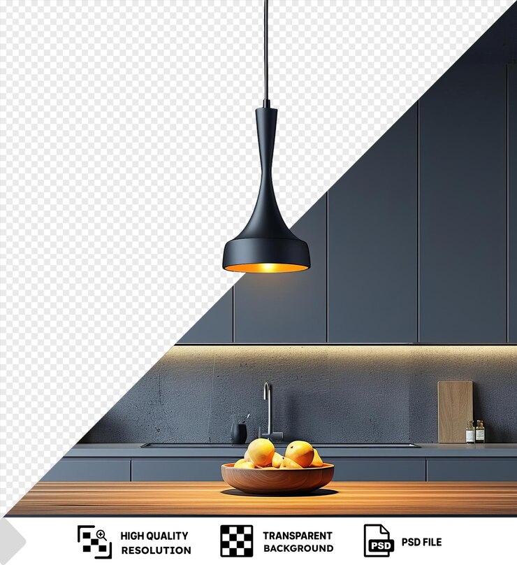 PSD luces de cocina transparentes iluminan una mesa de madera adornada con un cuenco de naranjas rodeado de plantas en maceta y una olla marrón la mesa está puesta contra una pared blanca y gris con