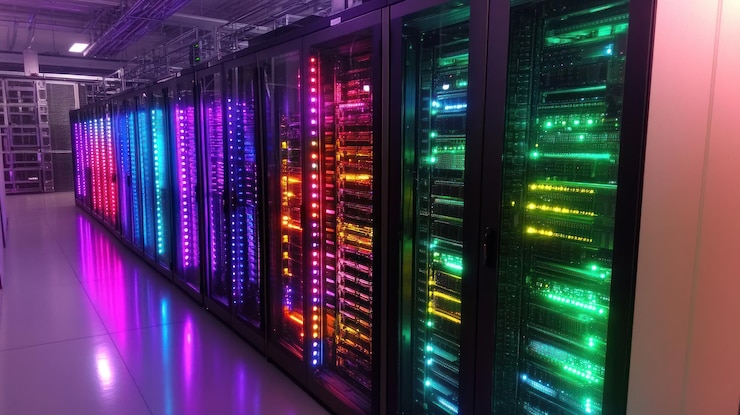 PSD las luces multicolores vibrantes iluminan una sala de servidores 39 filas de poderosos servidores informáticos