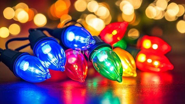Luces navideñas LED de colores en superficie oscura con fondo bokeh