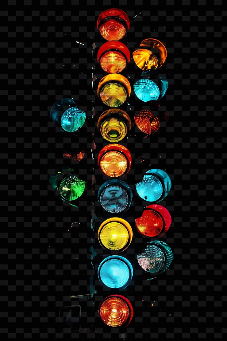 PSD luces de tráfico con señales de colores tonos primarios que evocan urb png y2k diseño de efectos de luz de neón