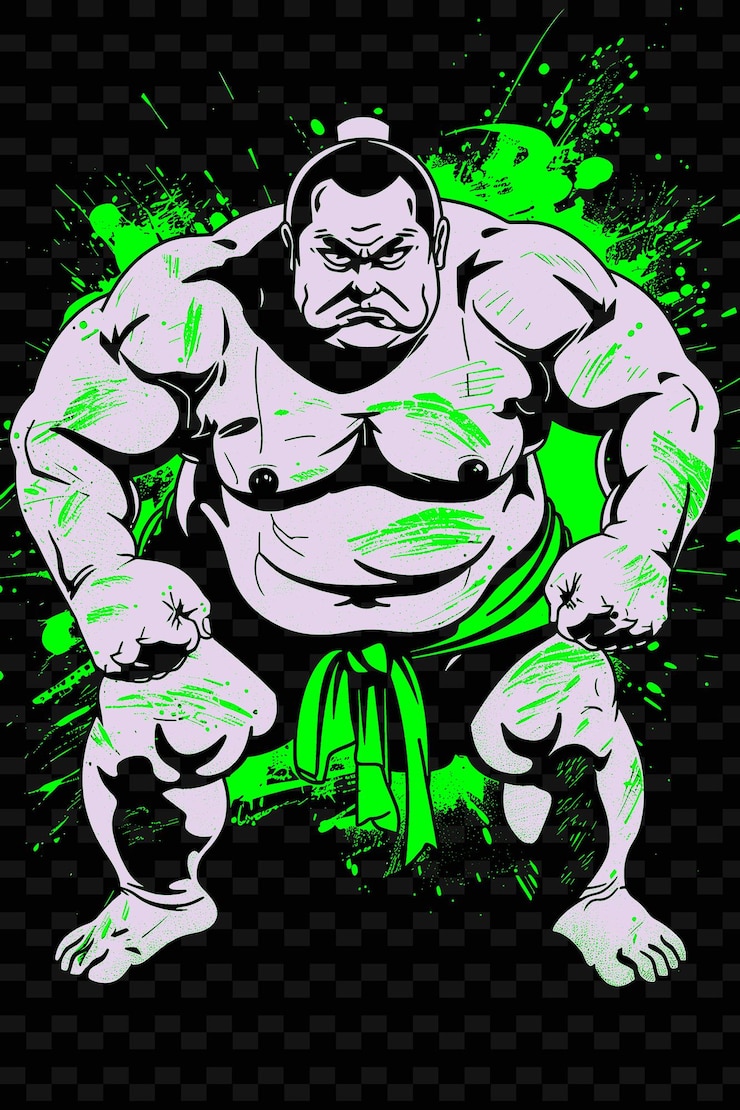 PSD luchador de sumo realizando a carga inicial com uma ilustração de postura poderosa flat 2d sport backgroundw
