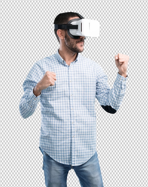 PSD luchador joven con gafas de realidad virtual